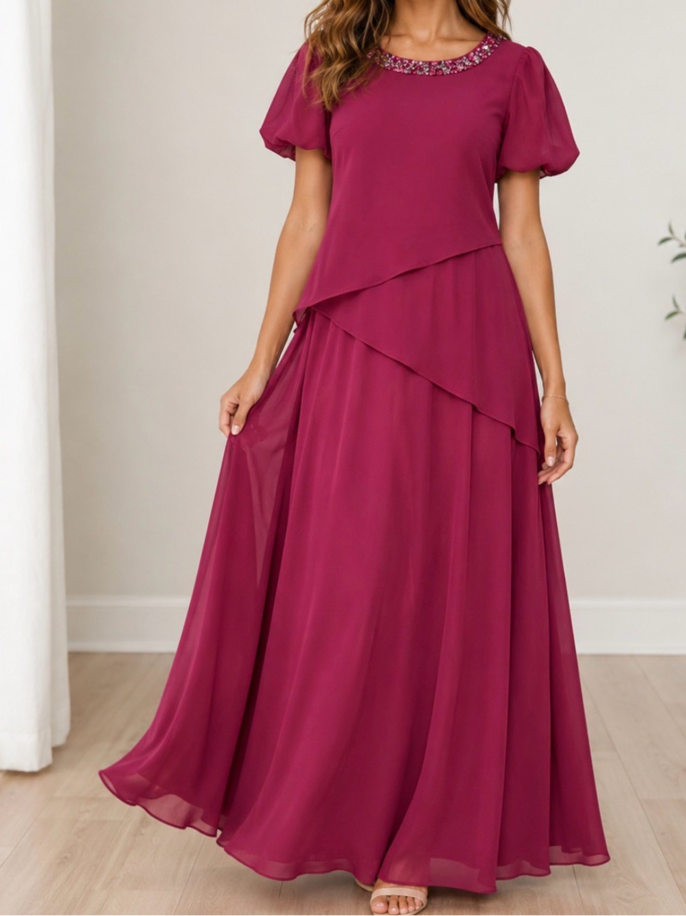 NEW JJ's House Womens Beaded Neckline Layered Midi Dress - Burgundy SZ 8